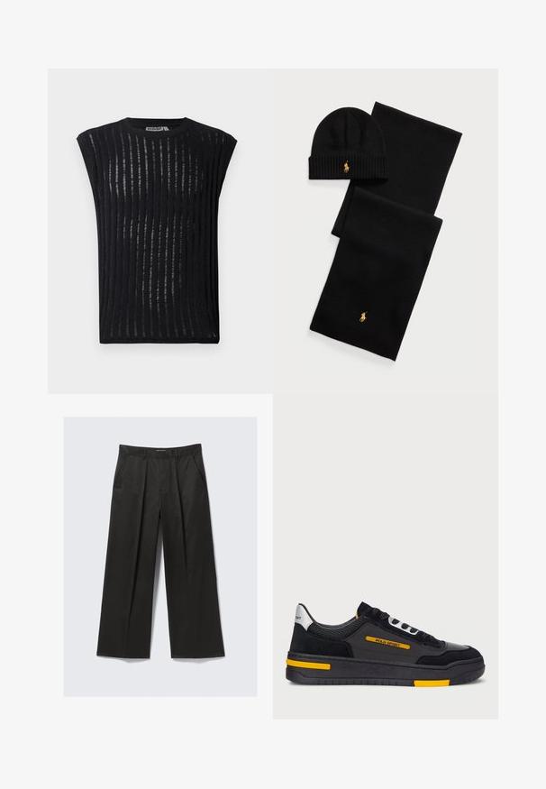 Schwarzes Kurzarmoberteil aus leichtem Stoff mit vertikalen Streifen. Hat einen runden Halsausschnitt und eine taillierte Silhouette.; Schwarze weit geschnittene Hose mit glatter Textur, ausgestattet mit zwei frontalen Taschen und einem leicht erhöhten Bund.; Schwarze Sneaker mit einem Obermaterial aus Wildleder und Mesh, gelben Akzenten und einer dicken schwarzen Sohle. Schnürverschluss und "POLO SPORT"-Markenlogo an der Seite.; Schwarzes Strickmütze- und Schals-Set. Verfügt über eine gerippte Textur und goldene Logo-Akzente. Weicher Stoff mit einem eleganten Design, geeignet für kaltes Wetter.