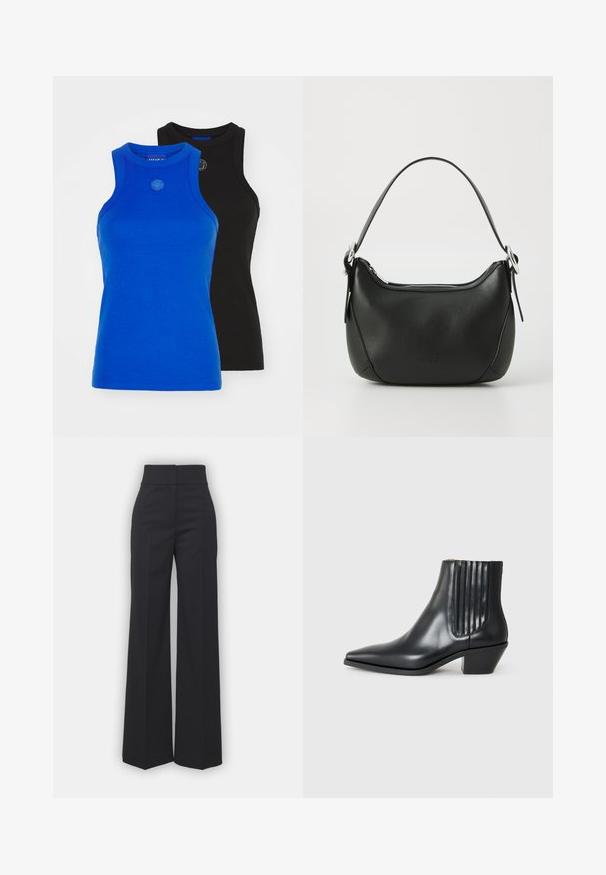 HUGO GIFT GIVING 2 PACK - Top - blue/black; Široké nohavice z čiernej tkaniny s vysokým pásom, s čistým lemovaním a hladkou textúrou. Bez viditeľných kovových prvkov alebo vzorov.; Čierna kožená členková topánka s špicatou špičkou, elastickými bočnými panelmi s vertikálnymi drážkami a nízkym blokovým podpätkom. Hladká textura a elegantný dizajn.; Čierna kožená kabelka s zakriveným tvarom, strieborným zipsom a krátkou rukoväťou. Na prednej strane má diskrétne logo a hladkú textúru.