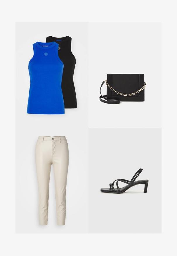 HUGO GIFT GIVING 2 PACK - Top - blue/black; Beige faux leather pants with a slim fit, front pockets, and a button closure, featuring smooth texture and tapered legs.; Black strappy sandal with a square toe and a low block heel. Features multiple thin straps and an adjustable ankle strap. Made of smooth leather.; Black leather crossbody bag featuring a smooth texture, rectangular shape, and a metallic chain detail on the front. Adjustable strap included.