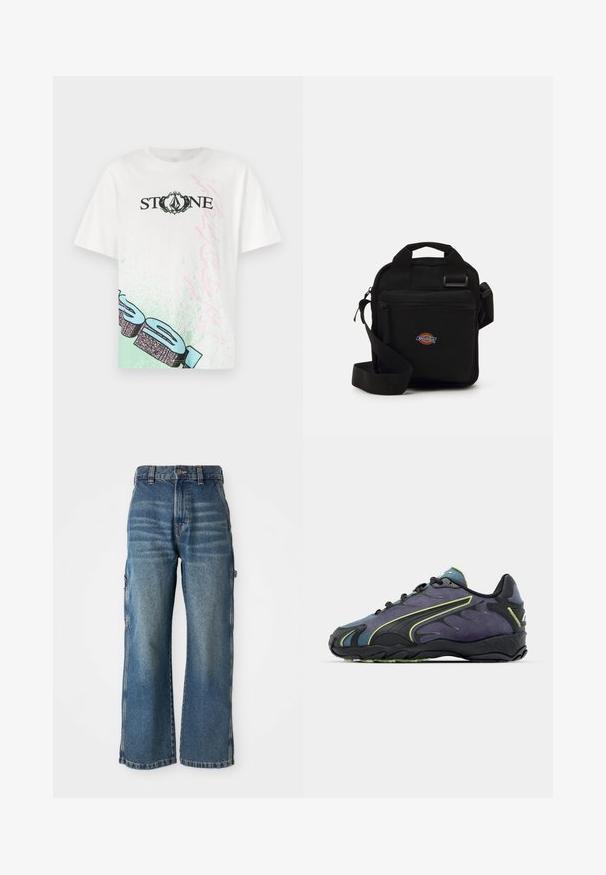Valge puuvillane T-särk, mille ees on musta värviga kiri "STONE" ning rohelised ja roosad graafilised aktsendid. Lõdva lõikega. Lühikesed varrukad.; Heled õlavarrega helesinised teksad, millel on kulunud viimistlus, kõrge vöökoht, vöökohad ja küljetaskud. Nähtavad õmbluse detailid.; Mustad mustavad ja lillad sportjalatsid, millel on tekstuuriga pealmine osa, rohelised aktsentjooned ja kummist tallad, mis on kaunistatud lainelise disainiga. Paelad.; Mustmust kott, millel on lukuga tasku, ristküliku kujuline, valmistatud kangast, esiküljel logotäht ja reguleeritav õlarihm.