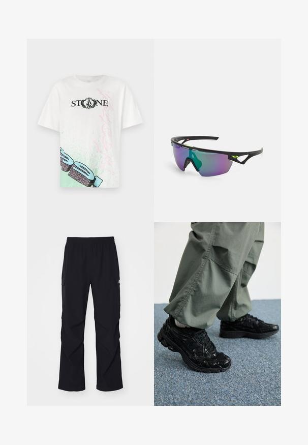 White cotton t-shirt featuring "STONE" in black, with green and pink graphic accents on the front and a relaxed fit. Short sleeves.; Black cargo pants made of lightweight material, featuring an elastic waistband, side pockets, and a straight leg design.; Black athletic sneakers with glossy and mesh textures, featuring a thick sole and laces, paired with loose olive-green cargo pants.; Sport sunglasses with a black frame, large gradient lens featuring purple and green hues, and angular design accents with logo detail.