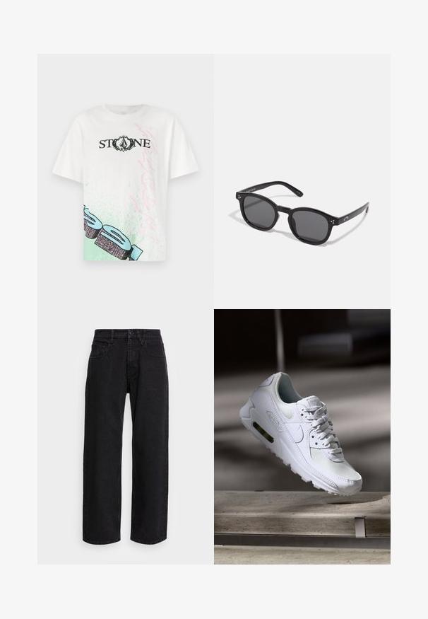 Camiseta de algodón blanca con la palabra "STONE" en negro, con acentos gráficos en verde y rosa en el frente y un corte relajado. Mangas cortas.; Pantalones de mezclilla anchos negros con cintura alta, que cuentan con cinco bolsillos y un cierre de botón. La tela tiene una textura suave y un ligero estiramiento.; Zapatilla Nike Air Max 90 blanca con parte superior de malla y cuero, caja de puntera perforada y unidad de aire visible en el talón.; Gafas de sol ovaladas negras con lentes oscuros, montura gruesa y acentos de puntos plateados a los lados. Material de plástico suave, diseño contemporáneo.