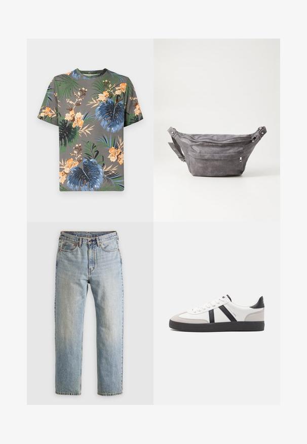 Korte mouwen t-shirt in grijs katoen met een tropische bloemenprint in oranje, blauw, groen en beige, met verschillende bladerenpatronen.; Lichtblauwe denim jeans met hoge taille, frontknop, rits en vijfzakkenontwerp, plat gelegd op een neutrale achtergrond.; Witte sneaker met zwarte en grijze accenten, voorzien van een grijze neus met textuur, zwarte rubberen zool en platte witte veters. Schoon ontwerp, minimalistische stijl.; Grijze suède heuptas met een ronde vorm, twee met rits afgesloten compartimenten en een verstelbare band. Voorzien van metalen accenten.