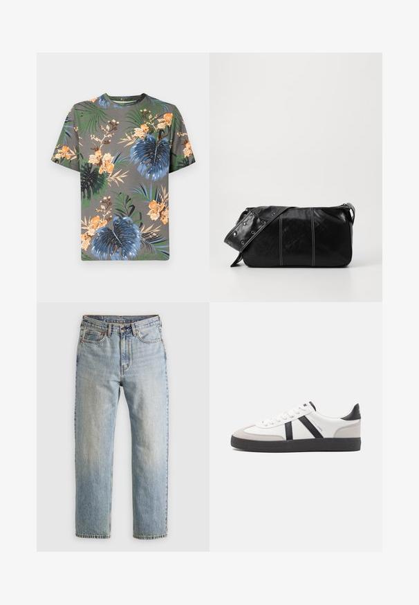 Trumpas rankovėmis marškinėliai iš pilkos medvilnės su tropiniu gėlių raštu oranžinės, mėlynos, žalios ir bežinės spalvomis, su įvairiais lapų raštais.; Šviesiai mėlynos džinsinės kelnės su aukštu liemeniu, priekyje mygtukas, užtrauktukas ir penkių kišenių dizainas, išklotos ant neutralios fono.; Balti sportbačiai su juodais ir pilkais akcentais, pasižymintys tekstūruotu pilku pirštų dangteliu, juoda gumine padais ir plokščiomis baltomis raišteliais. Švarus dizainas, minimalistinis stilius.; Juodas odinis pečių krepšys su užtrauktuku, turintis tekstūruotą paviršių, baltą siuvinėjimą ir dirželį su sidabinėmis metalinėmis detalėmis.