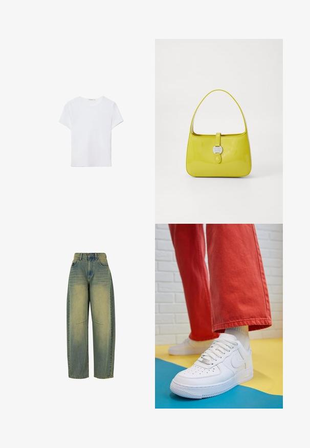 Valkoinen lyhythihainen t-paita, joka on valmistettu pehmeästä kankaasta. Sillä on pyöreä pääntie ja yksinkertainen, siisti muotoilu suoralla helman lopulla.; Vaaleansiniset leveälahkeiset farkut, joissa on haalistunut pinta. Mukana viisi taskua ja korkea vyötärö. Siisti helma ja huomaamattomat ompeluyksityiskohdat.; Valkoinen nahkakengät, joissa on rei'itetty varvasosa, teksturoitu pohja ja valkoiset nauhat, yhdistettynä leveisiin punaisiin housuihin ja sinikeltaiseen taustaan.; Keltainen lakatun nahkaisen käsilaukku, jolla on jäsennelty muoto, yläkahva ja edessä napsautettava suljenta, jossa on pyöreä metallinen logoosa.