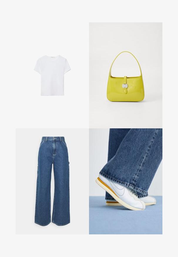 Hvid kortærmet t-shirt lavet af blødt stof. Har en rund halsudskæring og et simpelt, rent design med en lige underkant.; Bredde ben blå denimbukser med høj talje, kontrastsyede sømme og sidelommer, med et klassisk fem-lomme design og rå kanter.; Hvide lædersneakers med gule accenter, rund tå og tekstureret gummisål, parret med mørkeblå denim flared bukser.; Gul laklæder håndtaske med en struktureret form, en topgreb og en frontklap med trykknap og en cirkulær metal logo accent.
