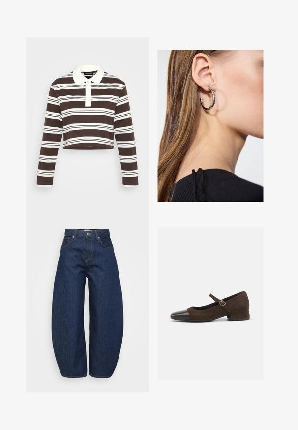 Bruin en wit gestreepte langek mouwen polo shirt met een kraag, een drieknoopsluiting en een cropped zoom. Zachte stof met horizontale strepen.; Hoge taille donkerblauwe denim jeans met wijde benen, voorzijde met knoop en ritssluiting en klassiek vijf-pocket ontwerp.; Bruine suède Mary Jane-schoen met een zwarte lakleren neuskap, een verstelbare band en een lage blokhak. Gladde textuur met minimale accenten.; Zilveren oorbel met een gepolijste afwerking, met kleine gouden accentdetails en een ronde vorm, gedragen op de oorlel.