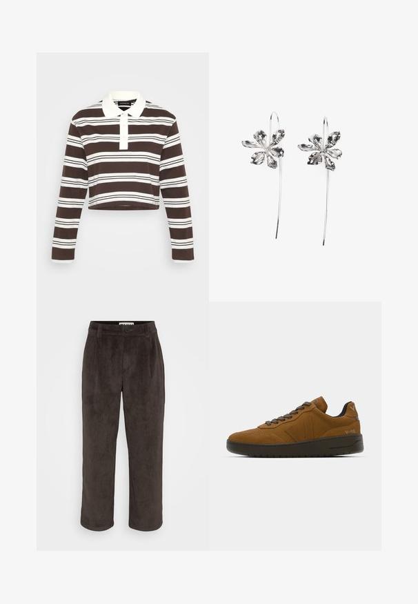 Polo de mangas longas com riscas castanhas e brancas, colarinho, pala com três botões e bainha curta. Tecido suave com riscas horizontais.; Calças de veludo cotelê castanhas com um design de perna reta, textura subtil e fecho frontal por botão, com bolsos laterais.; Sapatilhas de camurça castanhas com um acabamento texturizado, atacadores escuros e uma sola grossa. Apresenta um logótipo no calcanhar e no painel lateral.; Brincos em forma de flor prateados com um acabamento texturizado, apresentando ganchos longos e detalhes semelhantes a pétalas para um design intrincado.