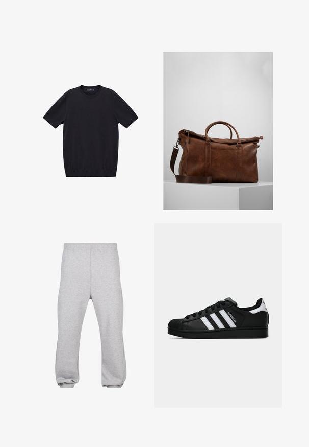 Musta lyhythihainen t-paita, jossa on pyöreä kaula-aukko, valmistettu pehmeästä puuvillasta, suoran leikkauksen omaava ja tasaisen, yhtenäisen tekstuurin omaava.; Harmaat verkkarit, jotka on valmistettu puuvillasekoitteesta, ja niissä on joustava vyötärö, kavennetut lahkeet ja resoroidut helmatt. Yksinkertainen muotoilu ilman kuvioita.; Musta Adidas Superstar -lenkkari, jossa on valkoiset raidat, kuorisuoja ja "Superstar"-teksti sivussa, esitetty sivuprofiilissa valkoista taustaa vasten.; Ruskea nahkainen laukku, jossa on vetoketjuluukku, kaksinkertaiset kahvat, säädettävä olkahihna ja pinnassa näkyviä tekstuurikuviota.