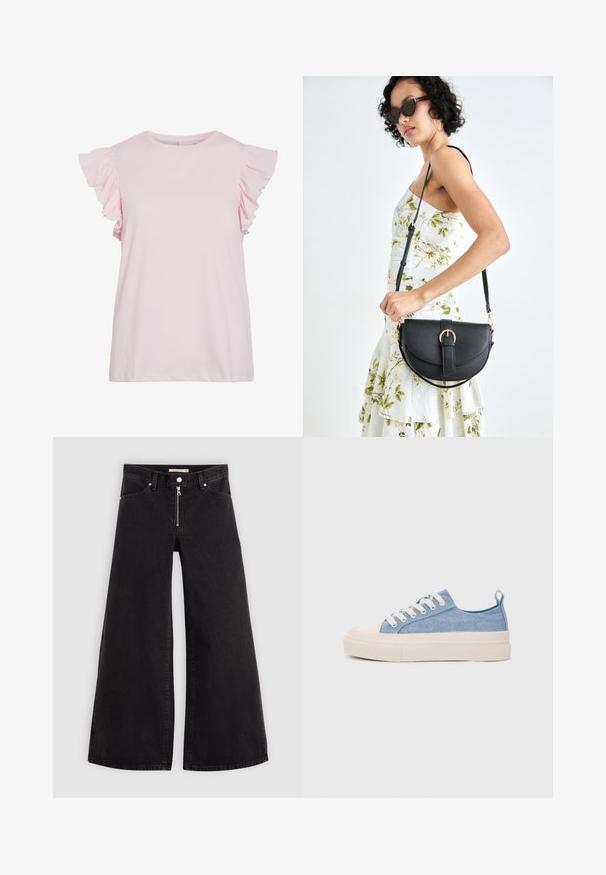Light pink short-sleeve top with ruffled accents at the shoulders. Smooth cotton material, round neckline, and a relaxed fit with a straight hem.; Wide-leg jeans in black denim with a zippered front, five-pocket design, and subtle stitching details. Smooth texture and casual style.; Light blue canvas sneakers with a cream rubber toe cap and outsole, featuring white laces and a pull tab on the heel.; Black leather handbag with a curved shape, detachable strap, and gold hardware. The bag features a flap with a buckle detail.