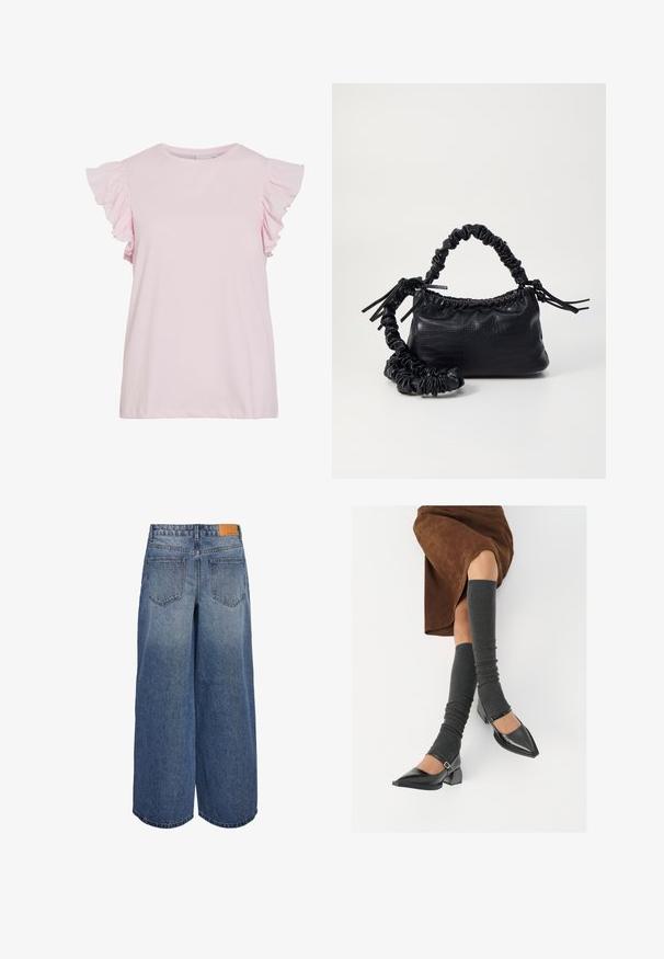 Jasnoróżowa bluzka z krótkim rękawem z falbankami na ramionach. Gładki bawełniany materiał, okrągły dekolt oraz luźny fason z prostym dołem.; Szerokie dżinsowe kuloty w średnim niebieskim odcieniu z wyblakłą teksturą, z dwoma tylnymi kieszeniami oraz brązową skórzaną metką marki na pasku.; Czarne lakierowane buty na szpilce z prostokątnym obcasem i paskiem na kostce, zestawione z szarymi prążkowanymi ocieplaczami na nogi oraz brązową zamszową spódnicą.; Czarna torebka z syntetycznej skóry o teksturze krokodyla, z zaciąganym górnym zamknięciem i marszczonym paskiem. Wygląda na miękką i zwartą w designie.