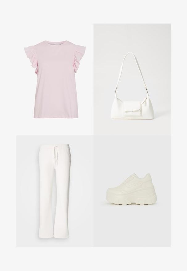 Svetlo roza kratka majica s kratkimi rokavi in nabranimi detajli na ramenskih delih. Gladek bombažni material, okrogla izrez, sproščen kroj z ravnim robom.; Bela, sproščena trenerka iz mehkega blaga, z elastičnim pasom in vrvico ter naravnim krojem nogavic.; Bele platformske tene z belim zgornjim delom, ki spominja na usnje, okroglo obliko, oblazinjen ovratnik ter gumo z teksturo na podplatu z izrazitimi profili.; Bela sintetična torbica v obliki trikotnika, z ravnim sprednjim poklopcem in detajlom mašne, nastavljivim trakom, gladko teksturo in minimalističnim dizajnom.