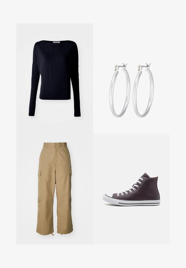 Tumeri pika varrukatega tumepruun särk, millel on laevade kaeluse lõige ja vabalt langev istuvus. Valmistatud siledast kangast, millel on minimaalsed õmblused ja ilma nähtavate aktsentide või riistvarata.; Beezid kargo püksid kõrge vöökohaga, laiad jalad ja neli suurt külgtaskut. Valmistatud vastupidavast kangast, millel on sile tekstuur ja minimaalne detail.; Tumedast lillast nahast kõrged tennised, millel on valge kummist varbakiirus, valged paelad ja mustad detailid taldadel ja külgedel.; Hõbedased rõngaskõrvarõngad, millel on sile, läikiv viimistlus. Ümmargune kuju ja turvaline klõpsulatus. Kerge disain, sobib igapäevaseks kandmiseks.