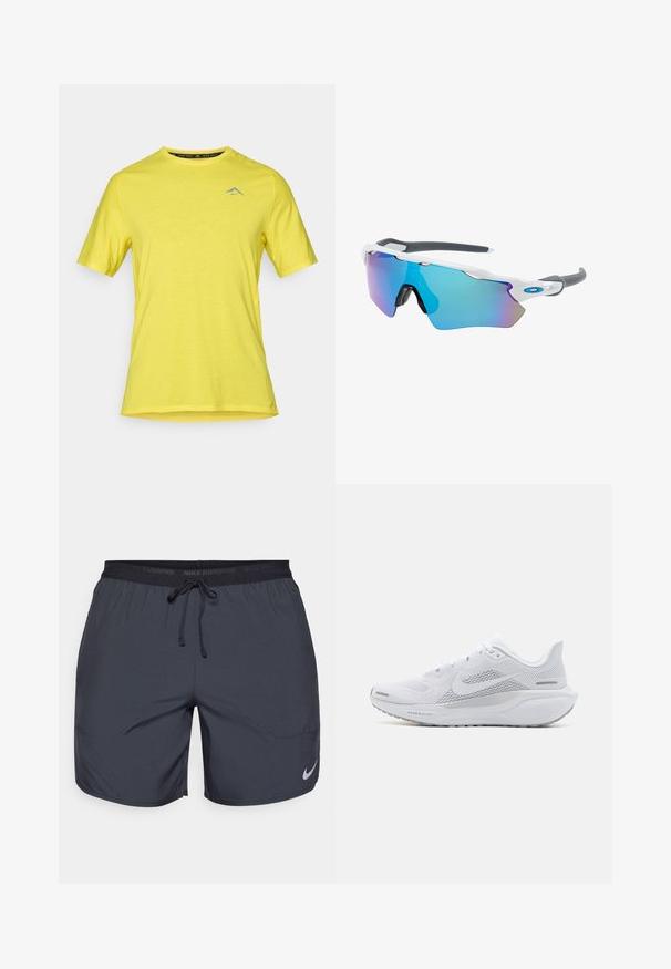 Rumena kratka športna majica s kratkimi rokavi iz lahkega blaga, z okroglo ovratnico in majhnim modrim logotipom na prsih.; Nike tekaški kratki hlače v temno sivi barvi, z elastičnim pasom in vrvico za zategovanje ter srebrnim logotipom na spodnjem desnem delu noge.; Bela atletska copata z mrežasto zgornjo plastjo, gladkimi teksturiranimi dodatki, sivi poudarki, vezalkami in blaženim podplatom, zasnovana za zmogljivost.; Sončne očala z belim okvirjem, sivi detajli in modrimi zrcalnimi lečami. Športna zasnova, ovitek oblike in nastavljivi nosni blazinici.