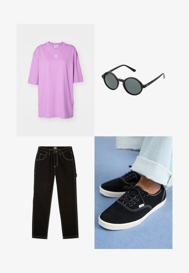 adidas Originals TEE - T-shirt basic - preloved purple; Zwarte denim broek met contrasterende witte stiksels, vijf zakken en een label aan de zijkant. Standaard pasvorm, rechte pijpdesign.; Zwarte suede low-top sneakers met zwarte veters, een witte tussenzool en een merklabel, gecombineerd met lichtblauwe opgerolde jeans op een blauwe ondergrond.; Ronde zonnebril met een zwart plastic montuur en donkergrijze lenzen. Heeft dunne, rechte pootjes met minimalistische accenten.