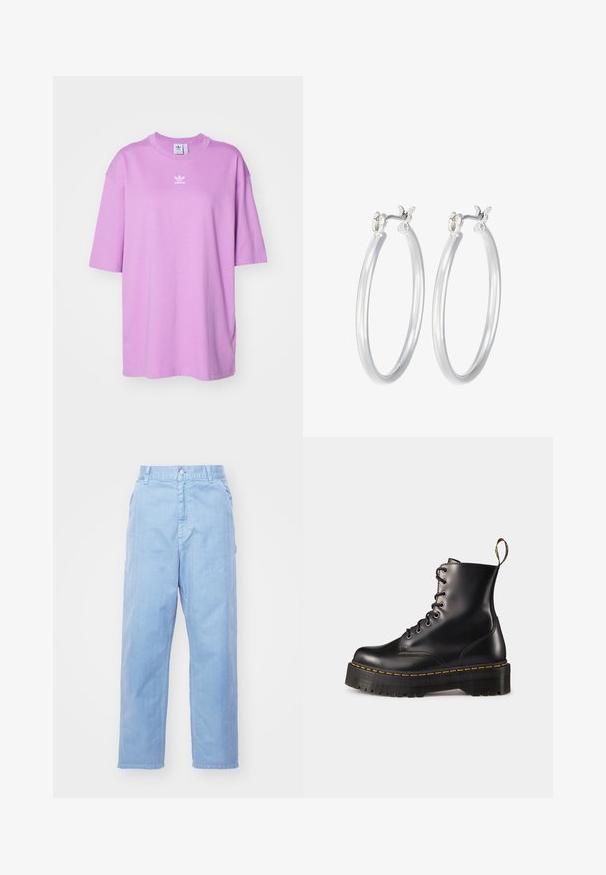 adidas Originals TEE - T-shirts basic - preloved purple; Lyseblå denimbukser med lige ben-design, knaplukning og forlommer. Stof har en subtil tekstur med en glat finish.; Sorte læder snørebånd ankelstøvler med en kraftig sort sål og gul syning. Har en trækflap bagpå og runde metaløjer.; Sølv hoop øreringe med en glat, poleret overflade. Rund form og sikker klik-lukning. Letvægtsdesign, der er velegnet til hverdagsbrug.