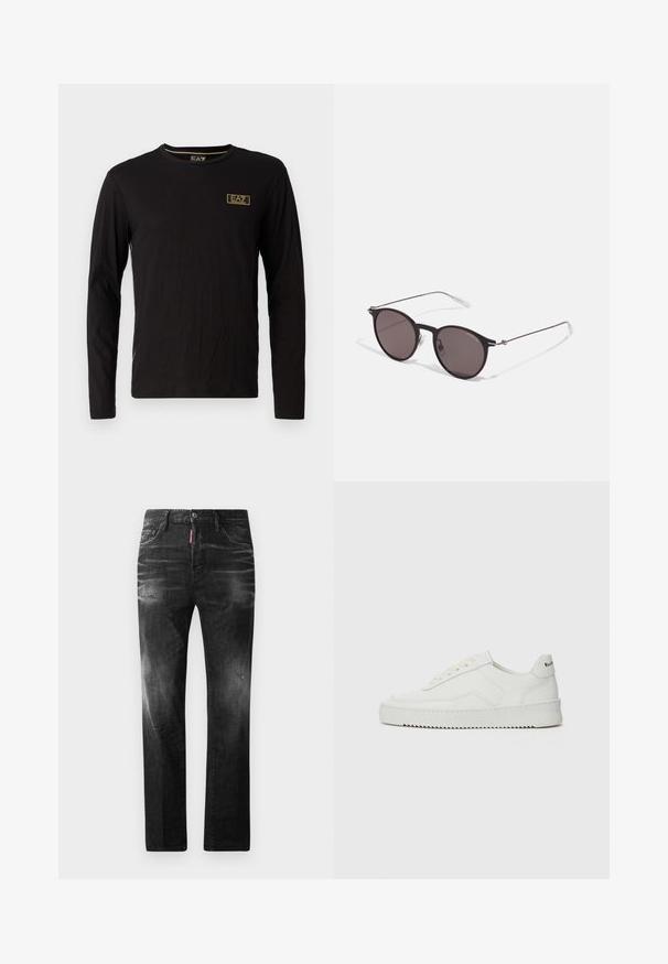 Melns garajiem piedurknēm t-krekls, izgatavots no kokvilnas, ar apaļu kaklu, nelielu zelta logo uz krūtīm un kontrastējošiem sānu akcentiem.; Melni džinsi no denima ar taisnu piegriezumu. Iespējas ietver izbalējušas vietas, nelielas nodiluma pazīmes, klasisko piecu kabatu dizainu un pogu aizdari.; Baltas ādas sneakers ar gludu virsmu, apaļu pirkstu daļu, plakaniem šņorēm un teksturētu zoli. Satur diskrētu logotipu uz papēža.; Melni apaļi saulesbrilles ar tumšiem lēca un plānām metāla stangām. Iekļautas caurspīdīgas tempļu galviņas un sudraba akcenti pie eņģes. Minimalistisks dizains.