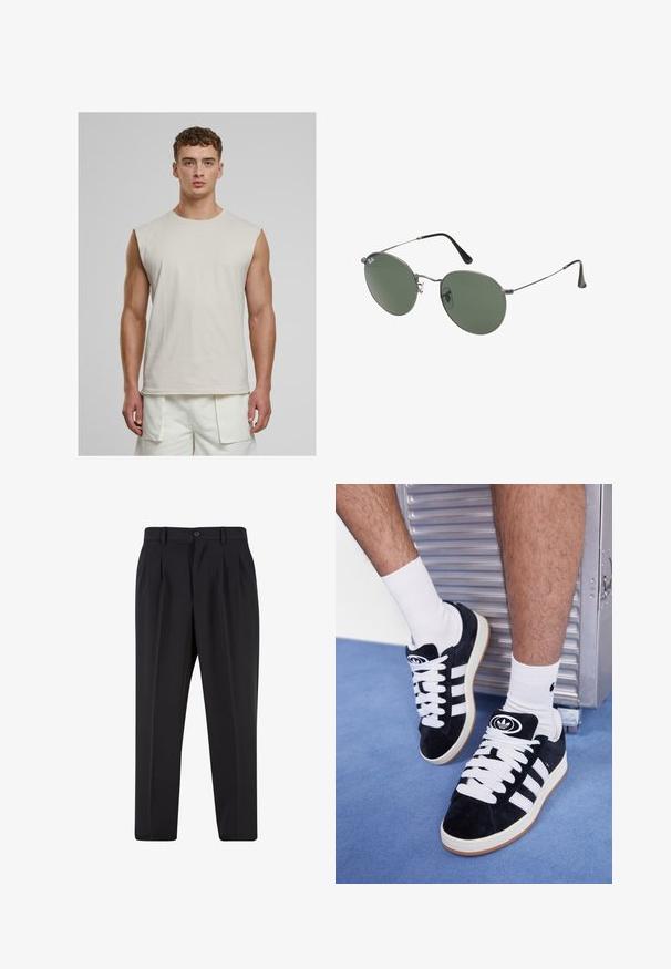 Urban Classics OPEN EDGE SLEEVELESS - Top - cloud; Pantaloni negri cu un design față plisată, fabricați dintr-un material neted. Prezintă un închidere cu nasture și brâuri; croială dreptă.; Adidași negri din suede cu șireturi albe și trei dungi albe. Au un logo circular negru pe limbă și o talpă din cauciuc de tip gumă.; Ochelari de soare cu ramă metalică, dotati cu lentile ovale verzi. Ramă subțire din metal argintiu și ușițe negre. Design minimalist, fără logo-uri vizibile.