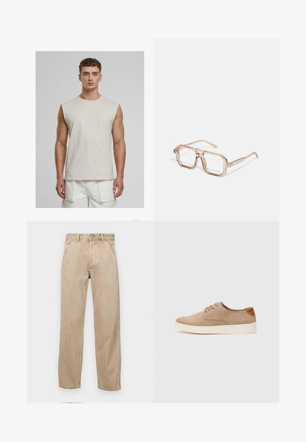 Urban Classics OPEN EDGE SLEEVELESS - Top - cloud; Beige denimjeans med lige bendesign, med forlommer, metalknaplukning og subtil struktur.; Beige ruskinds sneakers med rund tå, snørebånd foran og en struktureret rygdetalje. Hvid gummisål giver kontrast. Enkel og moderne design.; Gennemsigtige hexagonale briller med lysebrune nuancer; tykke, klare rammer og slanke stænger; ingen synlige logoer eller mønstre.; Cremefarvet kordfløjl crossbody taske med en sort lynlås, aftagelig skulderrem og struktureret mønster. Har et hovedrum og en frontlomme.
