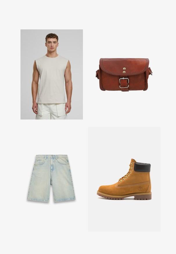 Urban Classics OPEN EDGE SLEEVELESS - Top - cloud; Lichtblauwe denim shorts met een losse pasvorm, vijf zakken, lichte beschadigingen en zichtbare stiksels. Voorzien van een knoop- en ritssluiting.; Tan suède enkelboot met zwart gevoerd kraagje, gouden metalen oogjes, witte stikdetails en een robuuste rubberen zool met uitgesproken profiel.; Bruine leren tas met een klep-sluiting, zilveren metalen gesp en contrasterende stiksel-details. Compact rechthoekige vorm met een gladde textuur.