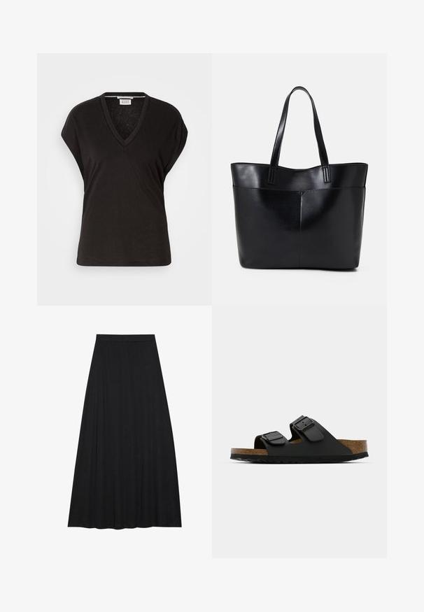 Fekete V nyakú póló rövid ujjal, laza szabással és könnyű, puha anyaggal. Tiszta, egyszerű kialakítás díszítések nélkül.; Fekete maxi szoknya puha, folyékony anyagból. Rugalmas derékrésszel és teljes, A-vonalú siluettel rendelkezik, sima textúrával.; Fekete, kétpántos szandál állítható csatokkal, parafa talppal és borzolatos gumitalppal. Jellemzője az egyszerűbb viselet érdekében készült lapos, nyitott dizájn.; Fekete bőr bevásárlótáska két hosszú fogantyúval, sima felülettel és strukturált formával. Elülső zseb található rajta a plusz tárolás érdekében.
