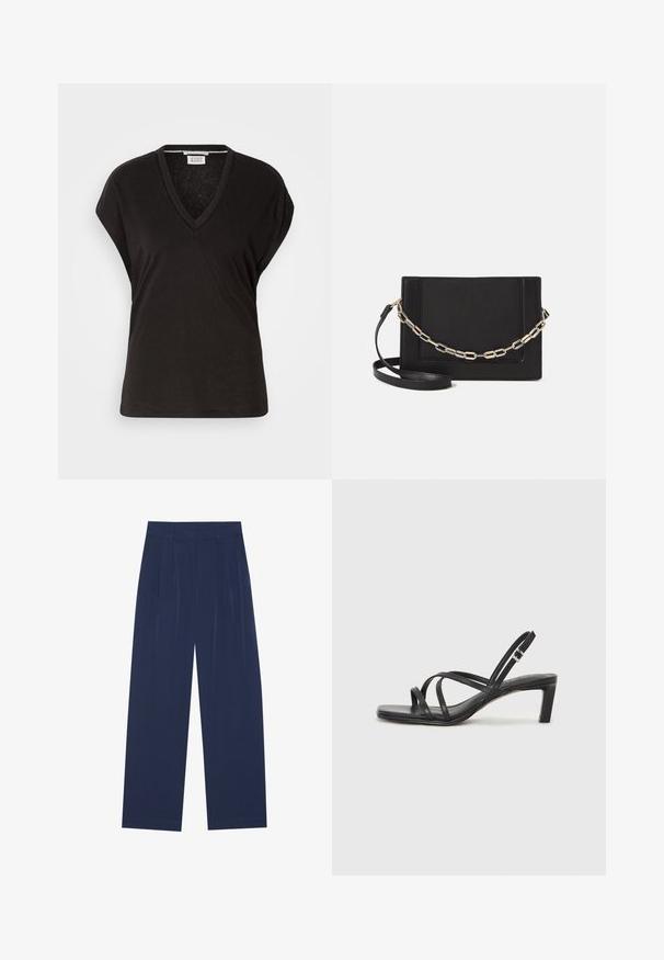 Mustakangasta lyhyet hihat t-paita, jossa on rento malli ja kevyt, pehmeä rakenne. Siisti, yksinkertainen muotoilu ilman koristeita.; Navy siniset leveälahkeiset housut, joissa on pehmeä kangas, etuvaljaat, sileä pinta ja suora malli ilman näkyviä taskuja.; Mustat hihnalligat, joissa on neliön muotoinen kärki ja matala lohkokorko. Ominaisuuksiin kuuluu useita ohuita hihnoja ja säädettävä nilkkahihna. Valmistettu sileästä nahasta.; Musta nahkainen olkalaukku, jossa on sileä pinta, suorakulmainen muoto ja metalliketju yksityiskohtana edessä. Mukana säädettävä hihna.