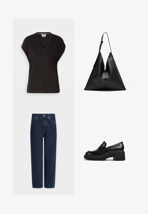 Sort v-hals t-shirt med korte ærmer, der har en afslappet pasform og en let, blød tekstur. Ren, simpel design uden pynt.; Mørkeblå denimjeans med lige ben, høj talje, sølvfarvede detaljer, forlommer og subtile syningsdetaljer. Klassisk design med fem lommer.; Sorte læder loafers med chunky hæl, tyk sål og en remdetalje henover, vist fra siden på en hvid baggrund.; Sort læder trekantet håndtaske med en enkelt justerbar skulderrem og en blød, let slappet struktur.