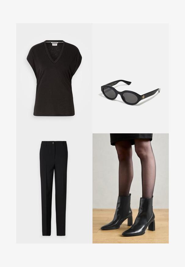 Sort v-hals t-shirt med korte ærmer, der har en afslappet pasform og en let, blød tekstur. Ren, simpel design uden pynt.; Sorte skræddersyede bukser med lige ben-design, der har en knaplukning og bæltestropper, lavet af glat stof.; Sorte læderankelstøvler med spids tå, kraftig firkantet hæl og slankt design. Har elastiske sidepaneler for nem påtagning.; Sorte ovale solbriller med mørke linser og blank plastramme. Har et guldlogo på stykket, hvilket giver et slankt og moderne design.