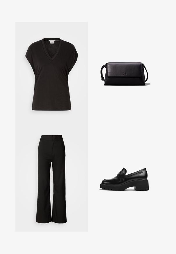 Juodas v-kaklo marškinėliai su trumpomis rankovėmis, pasižymintys laisvu siluetu ir lengvu, minkštu audiniu. Švarus, paprastas dizainas be papuošimų.; Juodos plačios kelnės su lygiu paviršiumi, aukšta liemeni, ir švariu dizainu. Nėra matomų kišenių ar papuošimų.; Juodas odinis loaferis su storais kulnais, storu padu ir dirželiu per viršų, rodoma iš šono ant baltos fono.; Juodas odinis kosmetinis krepšys, stačiakampio formos, lygia tekstūra, plokščiu uždarymu ir mažu rankenėle šone. Pabrėžia subtilų logotipą.; Aukso žiedo auskarai su tekstūruotu, netaisyklingu paviršiumi. Yra be siūlių užsegimas ir poliruotas paviršius, akcentuojantis modernų dizainą.