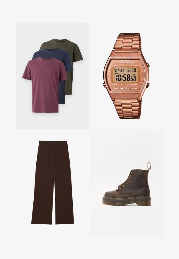 Tre bomulls t-skjorter vist: burgunder, marineblå og olivengrønn. Rund hals-design, korte ermer og en myk, teksturert finish.; Brune vide benbukser med plisseringer. Laget av et glatt stoff, med skjært midjebånd og sidelommer. Flat kant nederst.; Brune lær ankle støvler med rund tå, kontrasterende gul sting, dekorative metal øsinger og en ribbet gummisål.; Digital Casio klokke med en roségull metallrem, rektangulært hus, belyst skjerm og vannmotstand, som viser tid og dato.
