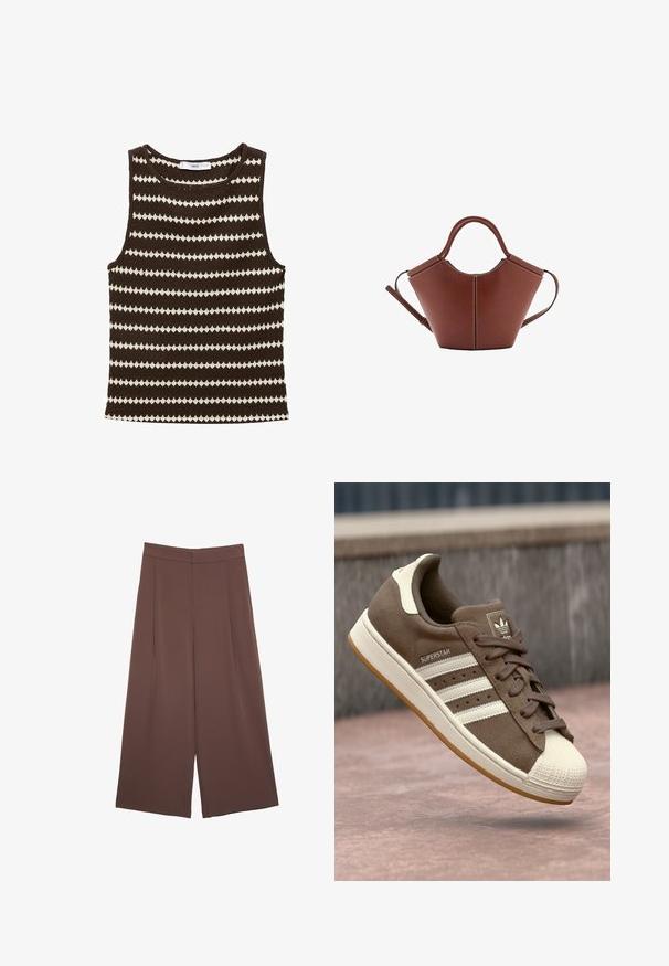 Hnedý pletený top bez rukávov s striedavými krémovými cik-cak pruhmi, okrúhlym výstrihom, ideálny na nosenie v teplom počasí.; Hnedé nohavice so širokými nohavicami a hladkou textúrou, s vysokým pásom a prednými skladmi. Tkanina je ľahká a voľne sa pohybuje.; Hnedé semišové tenisky s bielymi pruhmi, krémovými akcentmi a gumovou špičkou. Obsahujú šnurovací dizajn a textúrovanú gumenú podrážku.; Hnedá kožená kabelka s kužeľovým tvarom, pevnými rúčkami a kontrastným bielym prešitím. Obsahuje odnímateľný ramenný popruh pre väčšiu variabilitu.