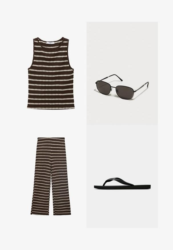 Braunes Strick-Tanktop mit abwechselnden cremefarbenen Zickzackstreifen, einem runden Ausschnitt und ohne Ärmel, ideal für warmes Wetter.; Hose mit weitem Bein in Dunkelbraun mit kontrastierenden cremefarbenen Zickzackstreifen. Hergestellt aus strukturiertem Stoff und verfügt über einen bequemen Mittelhochbund.; Schwarze Gummi-Flip-Flop-Sandale mit einem strukturierten Riemen und einfacher flacher Sohle, von der Seite auf einem schlichten hellen Hintergrund dargestellt.; Schwarze Metal-Sonnenbrille mit ovalen Rahmen, dunklen Gläsern, schlanken Bügeln und einem dezenten Logo auf dem linken Glas. Elegantes, minimalistisches Design.
