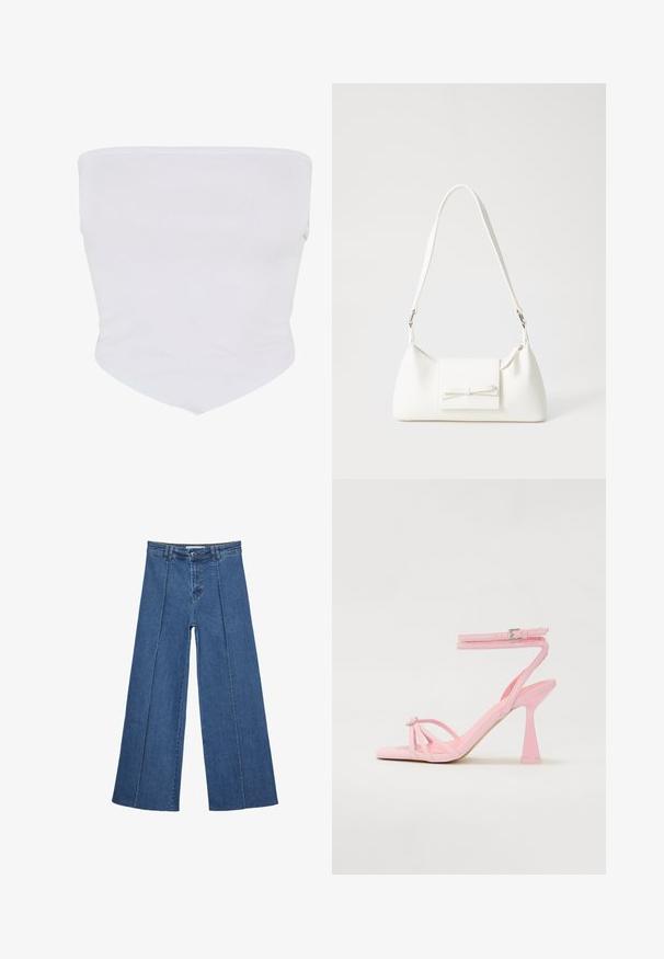 Bel bela, brezšivna tube top iz mehkega, raztegljivega materiala. Ima gladko teksturo in koničast rob na dnu za oprijet videz.; Jeans širokih nogavic v srednji modri barvi, z visokim pasom, gumbom in kontrastnimi navpičnimi šivi spredaj.; Roza natikače na peto z naramnicami in sponko okoli gležnja. Vsebuje dekorativni element na prstu in sodoben, zožen oblikovan peto.; Bela sintetična torbica v obliki trikotnika, z ravnim sprednjim poklopcem in detajlom mašne, nastavljivim trakom, gladko teksturo in minimalističnim dizajnom.