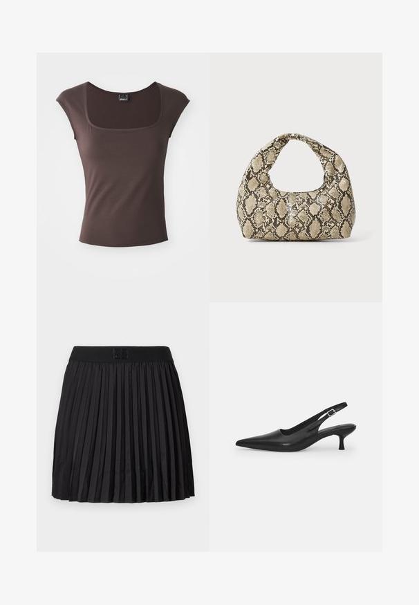 Hnedý top s krátkymi rukávmi a štvorcovým výstrihom, vyrobený z hladkej látky. Má priliehavý strih a čisté, lemované okraje.; Čierna blúzka s dlhými priesvitnými rukávmi, textúrovaným listovým vzorom, okrúhlym výstrihom a malým očkem na zapínanie na chrbte.; Čierna plisovaná sukňa s hladkou textúrou, s pevným čiernym pásom a vyrazeným logom na prednej strane.; Čierne kožené sandále s úzkym špičatým prstom a štíhlym zakriveným podpätkom. Majú diskrétny nastaviteľný popruh s kovovou sponou.; Kabelka s hadím vzorom a zakriveným rukoväťou. Vyrobená z textúrovaných béžových a hnedých materiálov, s charakteristickým diamantovým vzorom.