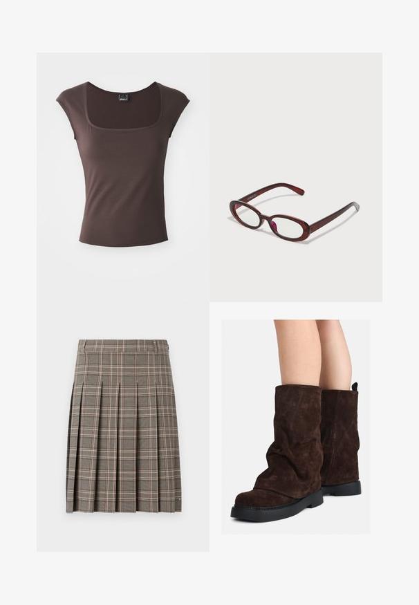 Barna, rövid ujjú felső négyzet alakú kivágással, sima anyagból készült. Feszített kialakítással és letisztult, szegélyezett szélekkel rendelkezik.; Szürke kockás szoknya redőkkel, sötét és világos árnyalatok elegyével és finom rózsaszín vonalakkal. Texturált anyagból készült, derékpánttal.; Barna velúr, középig érő csizmák fekete gumitalppal, mezítláb viselve, a csizma szárán enyhe gyűrődések láthatók.; Ovális alakú piros napszemüveg átlátszó lencsékkel és karcsú barna kerettel. A dizájn diszkrét íveket és minimális szerelvényeket mutat.