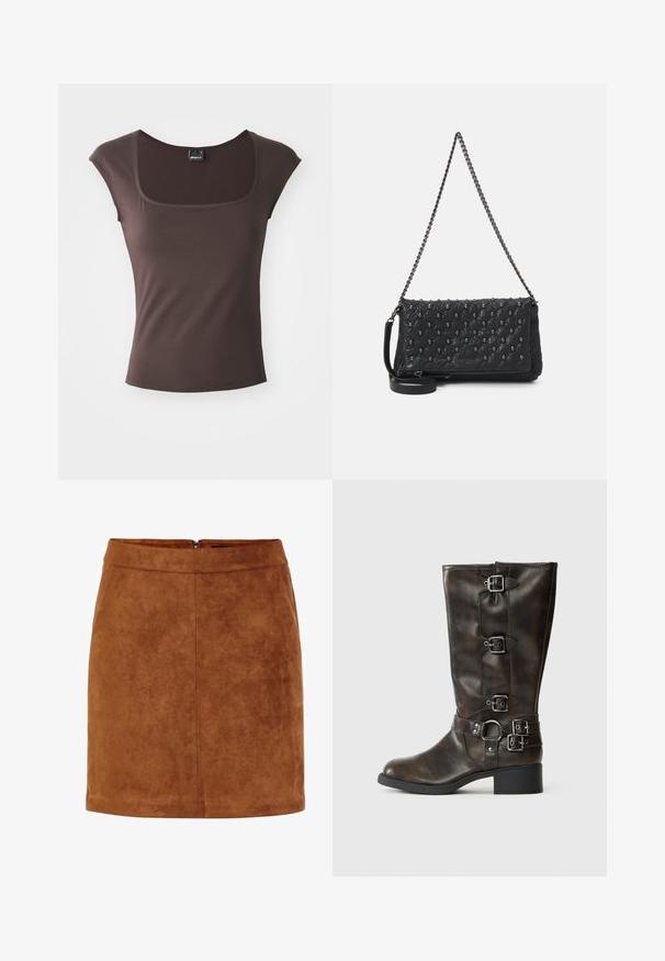 Rjava kratka majica s kratkimi rokavi in kvadratnim izrezom, izdelana iz gladkega materiala. Ima prilegajoč dizajn in čiste, obrobljene robove.; Rjava zamak mini krila z gladko teksturo, ravnim krojem in diskretnim zadrgo na hrbtu. Ima šivne detajle za strukturo.; Rjave usnjene čizme do kolen z več zaponkami, okroglo konico in nizko debelo peto. Imajo teksturiran zaključek in nastavljive trakove.; Črna prešita usnjena torba s verižnim trakom, ki vključuje dodatke v obliki lobanj in zadrgo. Teksturirana površina z sijočim zaključkom.