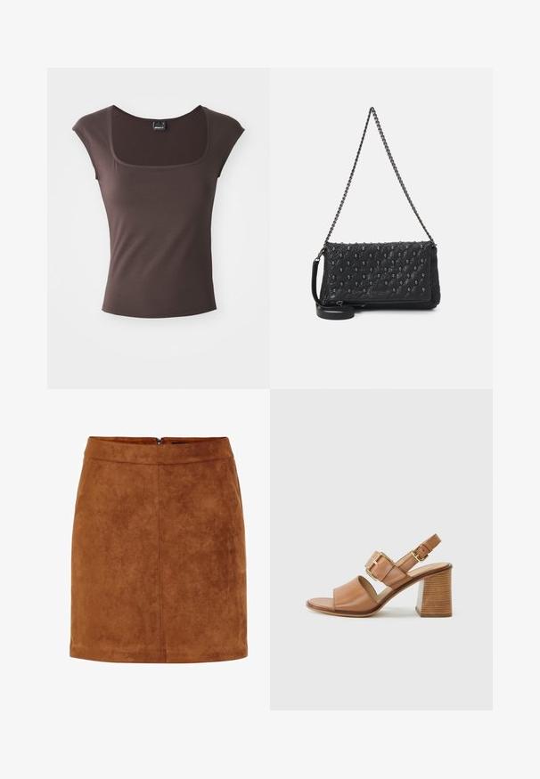 Smeđi kratki rukav majica sa kvadratnim izrezom, izrađena od glatkog materijala. Ima uski kroj i čiste, obrubljene ivice.; Smeđa nubuk mini suknja s glatkom teksturom, ravnog kroja i diskretnim zatvaračem na leđima. Ima detalje šavova za strukturu.; Smeđe kožne sandale na visokoj peti s širokim prednjim remenom, podesivim remenom oko gležnja s zlatnom kopčom i teksturiranim blok petama.; Crna jastučićasta kožna torba s lanacom, s detaljima u obliku lubanje i zatvaranjem na patentni zatvarač. Tekstura površine s sjajnim završetkom.