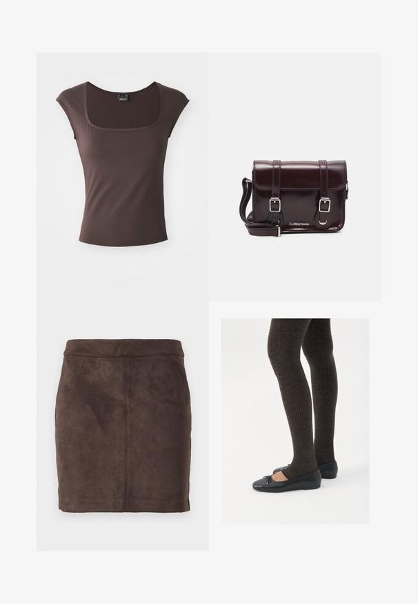 Brown short-sleeved top with a square neckline, made from smooth fabric. Features a fitted design and clean, hemmed edges.; Brown suede mini skirt with a smooth texture, tapered design, and a flat waistband, featuring vertical seams for structure.; Black flat shoes with a small bow detail at the toe, paired with dark brown ribbed tights. Shoes have a smooth texture and low profile.; Burgundy patent leather crossbody bag with a rectangular shape, two straps, silver hardware, and a flap closure.