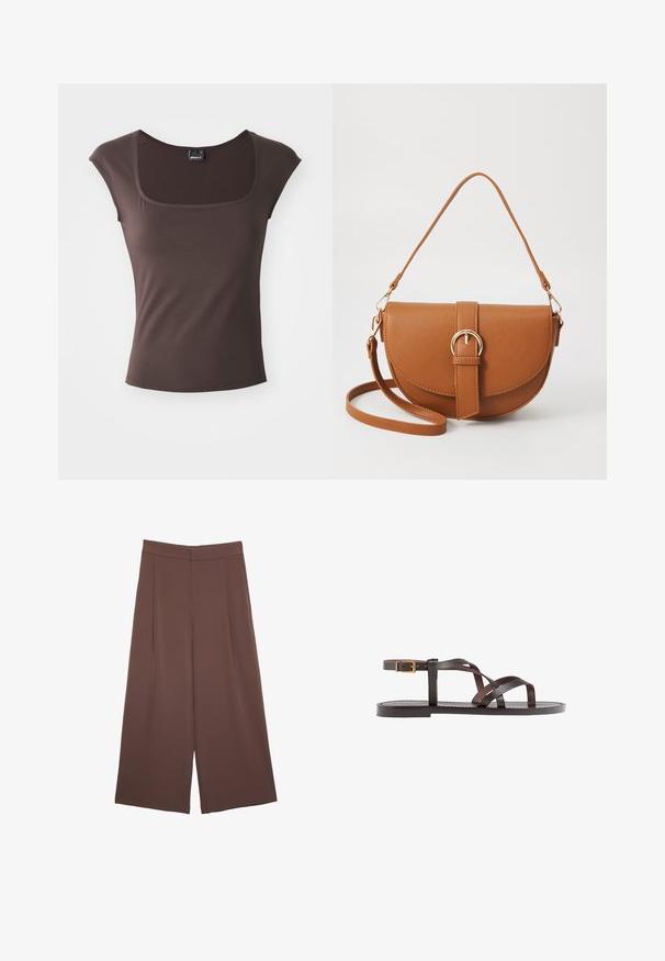 Rjava kratka majica s kratkimi rokavi in kvadratnim izrezom, izdelana iz gladkega materiala. Ima prilegajoč dizajn in čiste, obrobljene robove.; Rjave široke hlače z gladko teksturo, ki imajo visok pas in sprednje naborke. Tkanina je lahka in prosto pada.; Rjav usnjen sandal z načinom prečnega črta, zaklepom okoli gležnja in ravnim podplatom z minimalnimi šivi.; Rjava usnjena torbica prek telesa s ukrivljeno obliko, zlate opreme in sponko. Ima odstranljiv naramni trak.