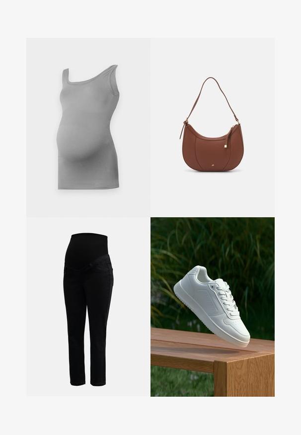 Pelēks grūtniecības topiņš, izgatavots no gludas, elastīgas auduma. Iezīmēts ar platu plecu siksnu un pieguļošu dizainu, kas izceļ apaļu vēderu.; Melni grūtniecību džinsi ar elastīgu augstu jostas vietu un slaidām kājām, kas radīti komfortam un atbalstam grūtniecības laikā.; Baltie sporta apavi ar gludu sintētisku augšpusi, perforētu pirkstu daļu, plakani šņorēm un rakstainu zoli, novietoti uz koka virsmas.; Brūns mākslīgās ādas pleca soma ar izliekta forma, minimāls šuvums un zelta toņa aparatūras akcenti. Aprīkota ar augšējo rāvējslēdzēju un regulējamu siksnu.