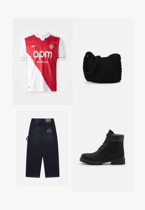Czerwono-biała koszulka piłkarska z krótkim rękawem, z diagonalnym podziałem kolorów, złotymi akcentami, logo marki i herbem. Lekki, oddychający materiał.; Ciemnogranatowe spodnie dżinsowe o luźnym kroju. Posiadają dwie tylne kieszenie, skórzaną naszywkę z logo oraz wzór w pięć gwiazdek na jednej z kieszeni.; Czarne botki na kostkę z wiązaniem, z wyściełanym kołnierzem i solidną podeszwą, pokazane w profilu na białym tle.; Czarna torba z materiału o fakturowanym, pikowanym wzorze. Owalny kształt, krótkie, grube rączki oraz miękka, elastyczna struktura.