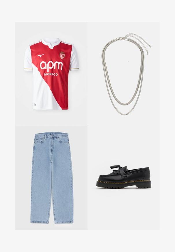 Rød og hvit fotballtrøye med kort erme, som har en skrå fargeblokk, gull detaljer, merkevarelogo og merke. Lett og pustende stoff.; Lyseblå denimjeans med rett ben-design, med mid-rise liv, fem lommer og knap og lynlås lukning.; Svart skinn loafers med en kvastdetalj, med en tjock svart sula och gul sömnad längs kanten. Texturerad yta.; Tre-lags sølvmetallkjede med elegante, fleksible kjeder med en svak glans, sikret med en krabbe-lås og justerbar kjede.