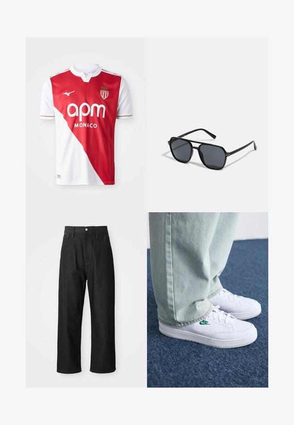 Red and white short-sleeve soccer jersey featuring a diagonal color block, gold accents, brand logo, and crest. Lightweight, breathable fabric.; Black denim pants with a relaxed fit, high waist, zipper closure, and five-pocket design. Visible stitching accents throughout.; White leather sneakers with green Nike logo, round toe, flat sole, paired with light blue denim pants, shown on a blue carpet.; Black sunglases with octagonal frame, dark lenses, glossy finish, thin temples, and gold accents on the front.