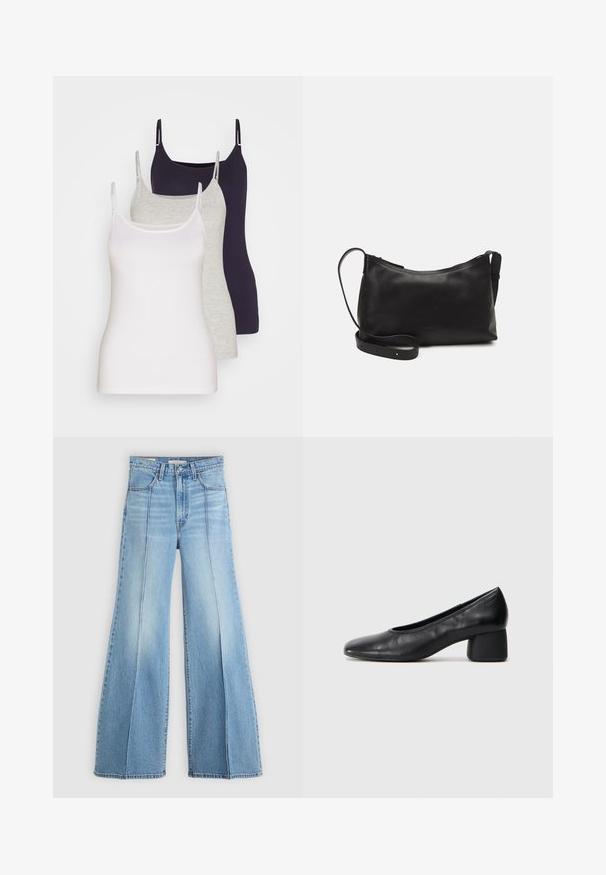 Trois débardeurs en blanc, gris et bleu marine foncé. Fabriqués en coton doux, présentant des bretelles fines et une coupe ajustée sans embellissements.; Jean taille haute bleu clair avec jambes larges, poches avant et arrière, passants de ceinture et détails de coutures verticales à l'avant.; Escarpin en cuir noir avec un bout rond et un talon bloc moyen. Texture lisse avec un minimum de détails, présentant une ouverture élastique discrète.; Sac à épaule en cuir noir avec une texture lisse, une forme courbée, une bandoulière ajustable et une fermeture éclair. Design minimaliste sans embellissements.