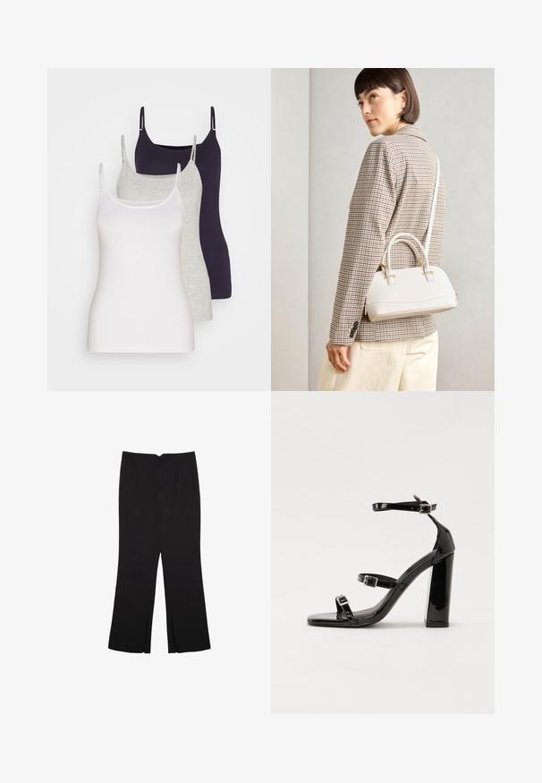 Tri remenice u bijeloj, sivoj i tamnoplavoj boji. Izrađene od mekog pamuka, s tankim naramenicama i prilagođenim dizajnom bez ukrasa.; Crne hlače ravnog kroja, s prednjim džepovima i bočnim prorezima na rubu. Izrađene od mekog i glatkog materijala. Pogodne za razne prigode.; Crne lakirane sandale na pete sa kvadratnim nosom, trakama oko gležnja i srebrnim kopčama. Imaju čvrst blok petu za stabilnost.; Bijela strukturna torba s kratkim ručkama i remenom za rame, s zlatnim metalnim detaljima i teksturiranim materijalom, prikazana na sivoj pozadini.
