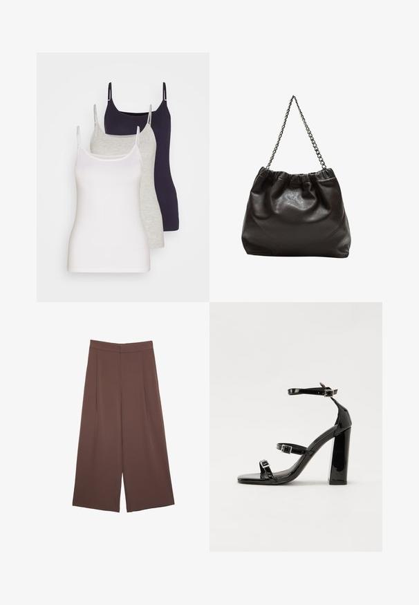 Trois débardeurs en blanc, gris et bleu marine foncé. Fabriqués en coton doux, présentant des bretelles fines et une coupe ajustée sans embellissements.; Pantalons larges marron avec une texture lisse, dotés d'une taille haute et de plis à l'avant. Le tissu est léger et tombe de manière fluide.; Sandales à talons vernies noires avec un bout carré, des sangles autour de la cheville et des boucles en argent. Dotées d'un talon bloc épais pour plus de stabilité.; Sac en cuir marron avec un haut froncé et une bandoulière en chaîne. Texture lisse avec une finition brillante et des coutures subtiles sur les côtés.