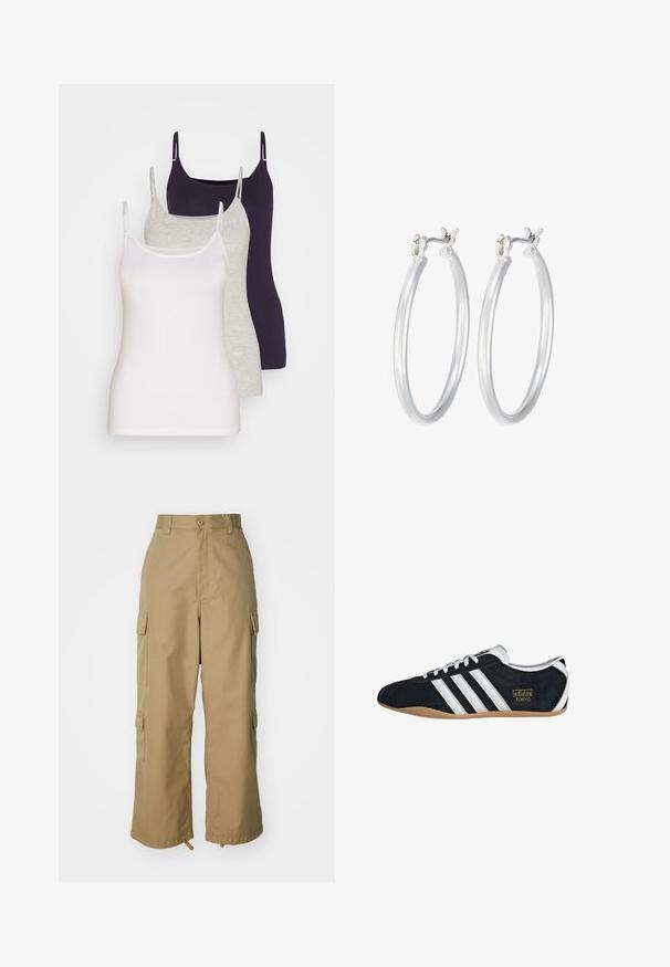 Tričko bez rukávov v bielej, šedej a tmavomodrej farbe. Vyrobené z jemnej bavlny, s tenkými ramienkami a priliehavým strihom bez ozdôb.; béžové cargo nohavice s vysokým pásom, širokými nohavicami a štyrmi veľkými bočnými vreckami. Vyrobené z odolnej tkaniny s hladkou textúrou a minimálnymi detailmi.; Čierne semišové tenisky s bielymi tromi pruhmi, zlatým logom a hnedou gumovou podrážkou. Disponujú nízkym šnurovacím dizajnom.; Strieborné kruhové náušnice s hladkým, lesklým povrchom. Kolový tvar a bezpečné klikanie na uzatváranie. Ľahký dizajn vhodný na každodenné nosenie.