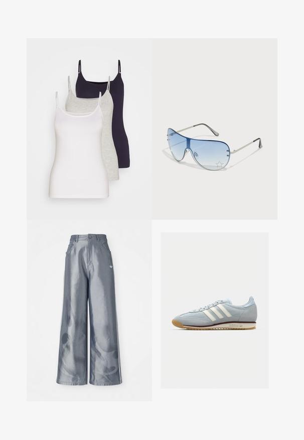 Three tank tops in white, gray, and dark navy. Made of soft cotton, featuring thin straps and a fitted design without embellishments.; Wide-leg pants in shiny gray material, featuring white side stripes and a flame pattern on the lower legs. Button and zipper closure at the waist.; Light blue suede sneaker with white three stripes, rubber sole, and textured mesh. Features a smooth toe cap and branding on the heel.; Aviator sunglasses featuring a gradient blue lens, silver metal frame, and decorative star accents on the lens. Smooth and sleek design.