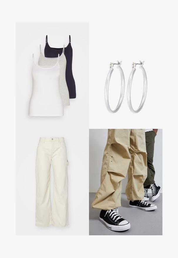 Drei Tanktops in Weiß, Grau und Dunkelnavy. Hergestellt aus weicher Baumwolle, mit dünnen Trägern und einem figurnahen Design ohne Verzierungen.; Weite Hosen aus hellem beigen Stoff mit hoher Taille, Fronttaschen und seitlichem Schlaufen-Detail für zusätzlichen Komfort.; Schwarze High-Top-Sneaker aus Segeltuch mit weißen Gummisohlen, kombiniert mit hellbeigen, lockeren Hosen mit Seitentaschen und relaxed fit.; Silberne Creolen mit einer glatten, polierten Oberfläche. Runder Form und sicherem Klickverschluss. Leichtes Design, geeignet für den täglichen Gebrauch.