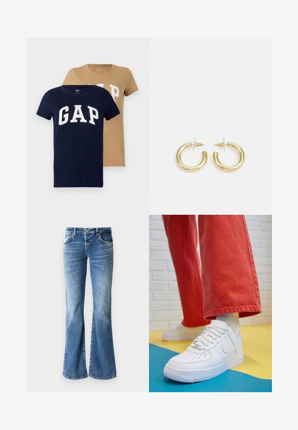 Dvoje triček s krátkým rukávem v námořnické a světlé barvě, vyrobených z bavlny. Obě mají na přední straně velké bílé logo "GAP".; Světle modré denimové zvonové džíny s vybledlým umytím, pěti kapsami, prošívanými detaily a zipem s knoflíkovým zapínáním.; Bílé kožené tenisky s perforovanou špičkou, texturovanou podešví a bílými tkaničkami, v kombinaci s širokými červenými kalhotami a modro-žlutým pozadím.; Zlaté kruhové náušnice s hladkým, lesklým povrchem. Kruhový design s malým kolíčkem a průhledným záznamem pro bezpečné nošení.